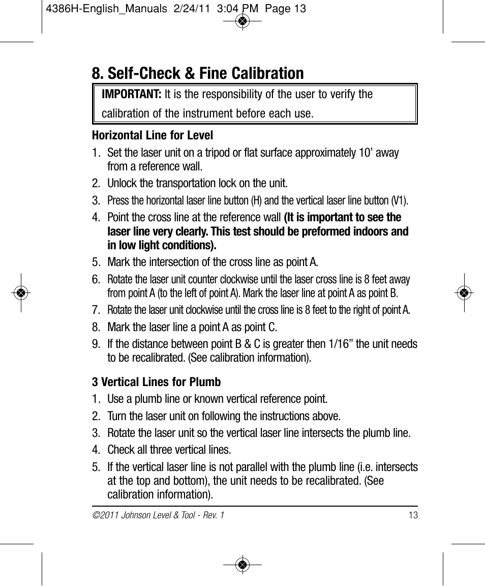Self-check & fine calibration | Johnson Level & Tool Mfg. 40-6662 User Manual | Page 13 / 20