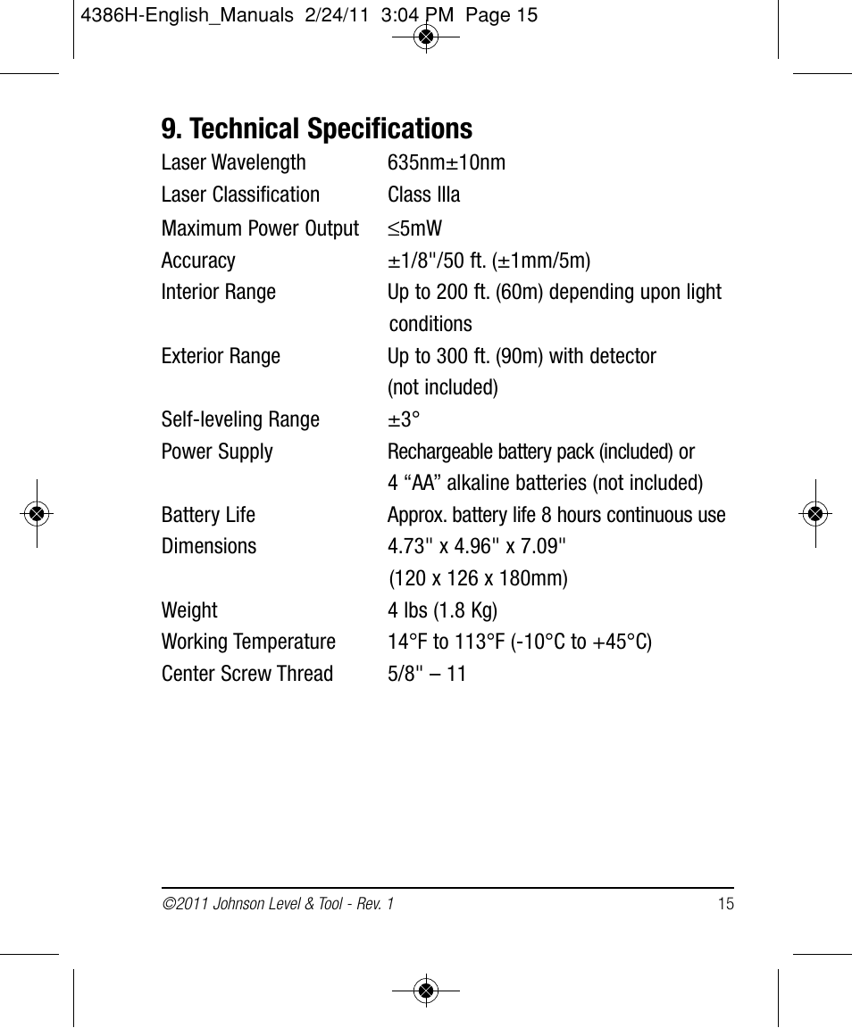 Technical specifications | Johnson Level & Tool Mfg. 40-6662 User Manual | Page 15 / 20
