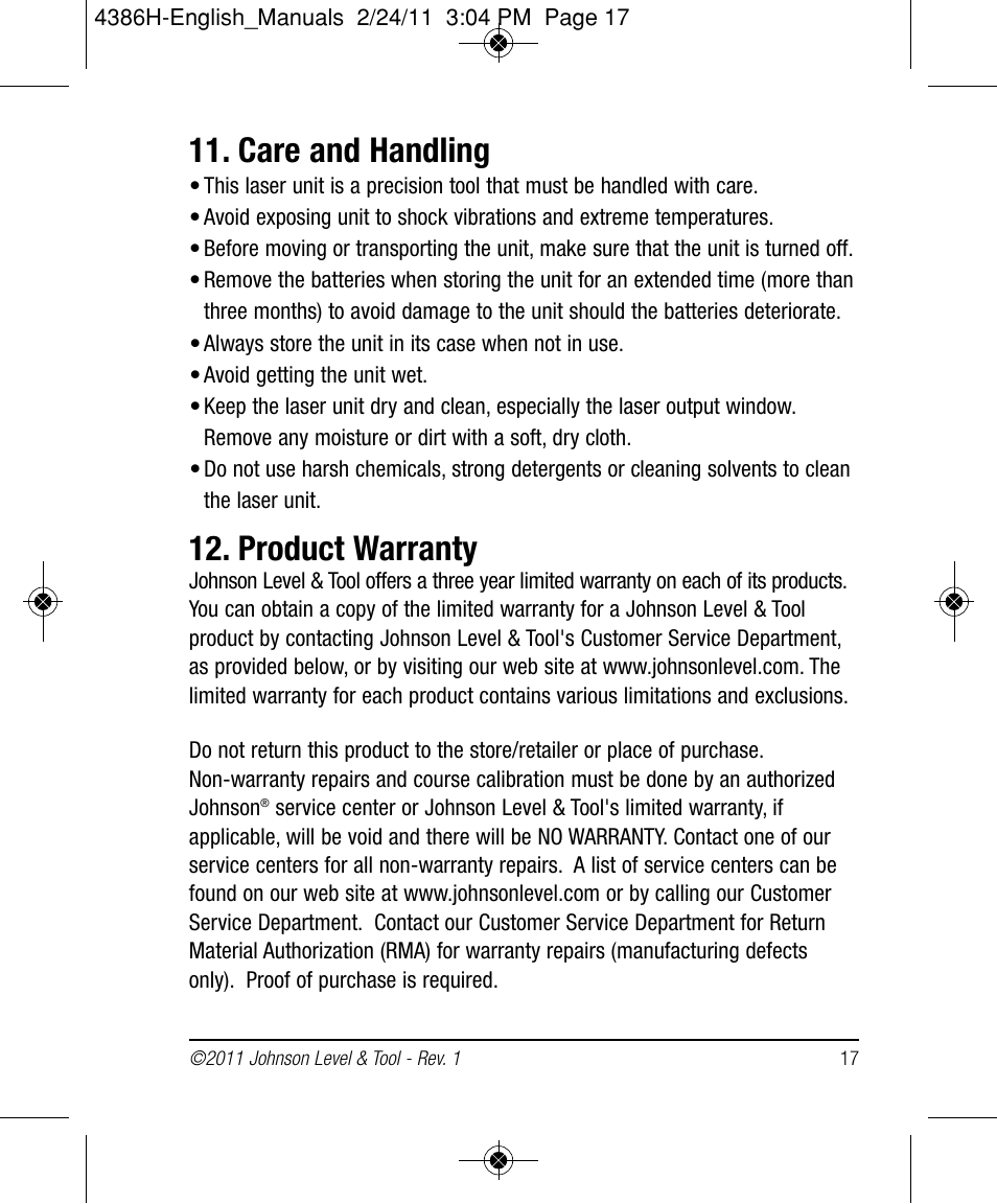 Care and handling, Product warranty | Johnson Level & Tool Mfg. 40-6662 User Manual | Page 17 / 20