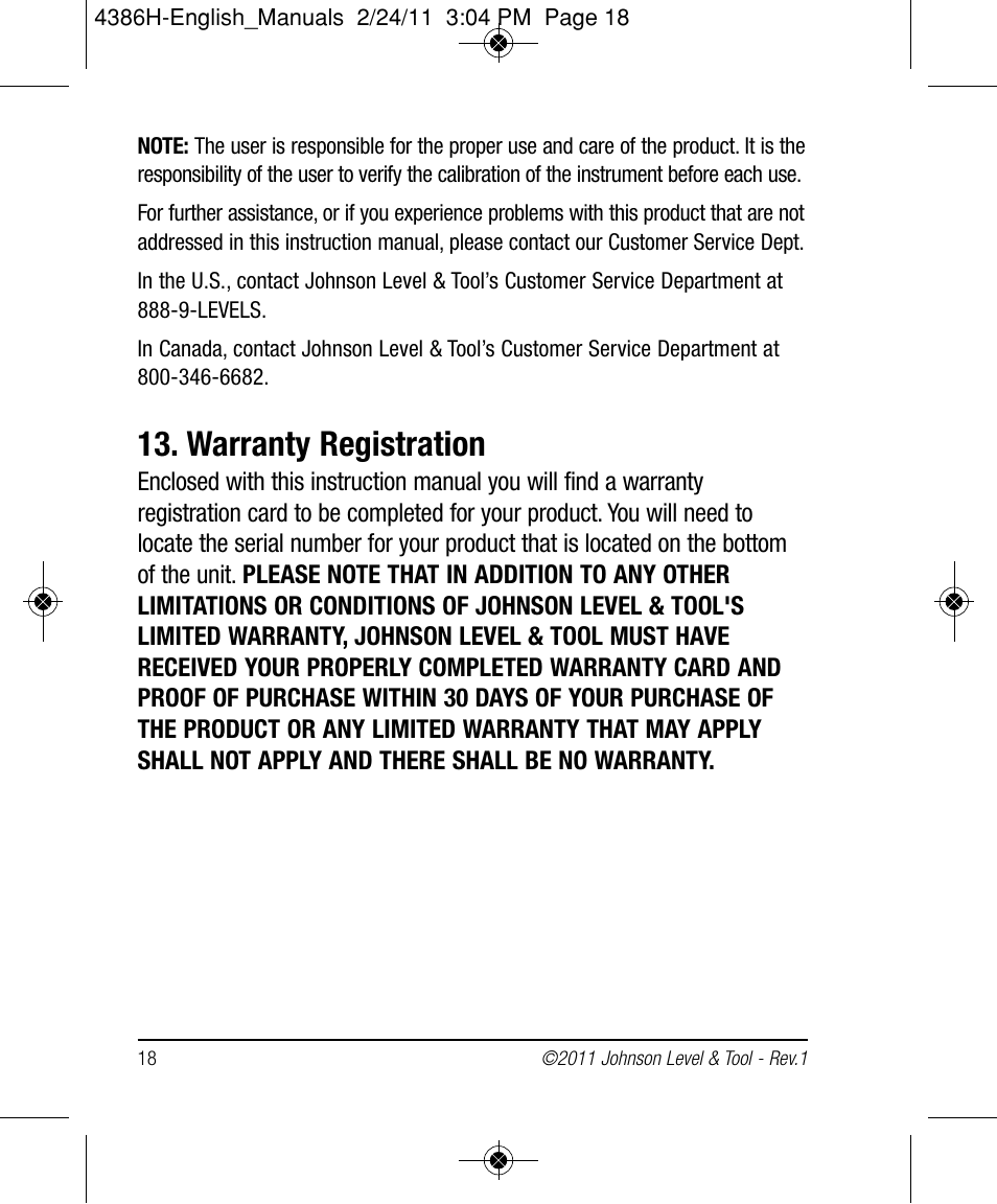 Warranty registration | Johnson Level & Tool Mfg. 40-6662 User Manual | Page 18 / 20