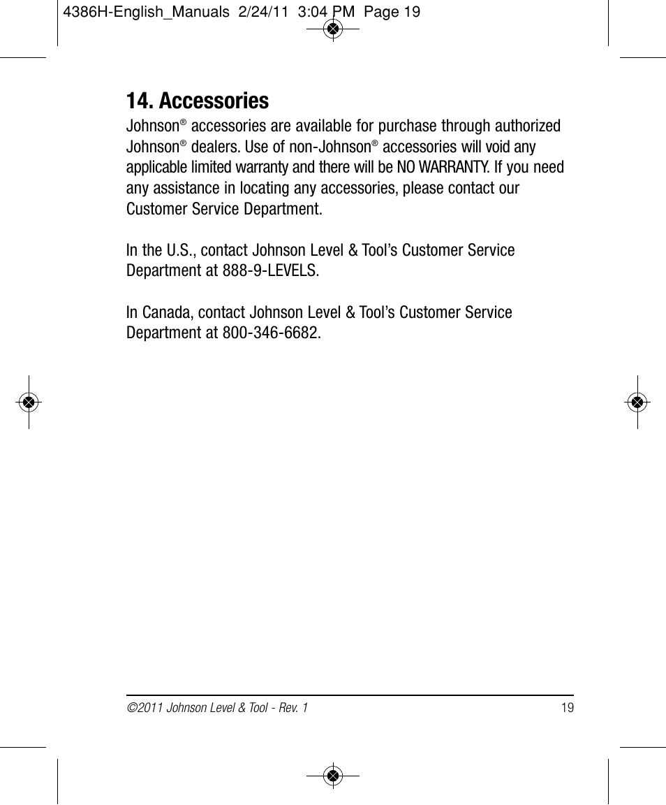 Accessories | Johnson Level & Tool Mfg. 40-6662 User Manual | Page 19 / 20