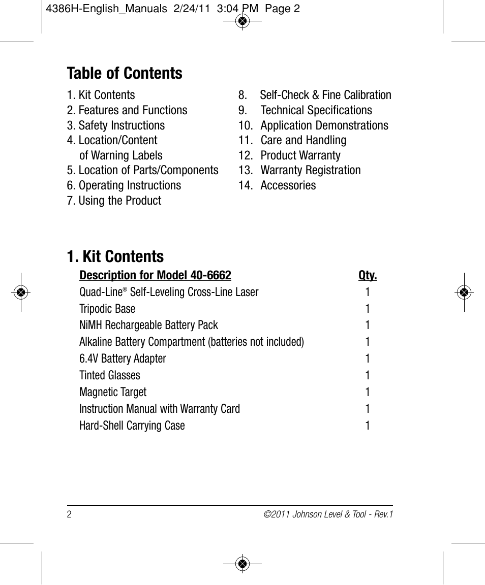 Johnson Level & Tool Mfg. 40-6662 User Manual | Page 2 / 20