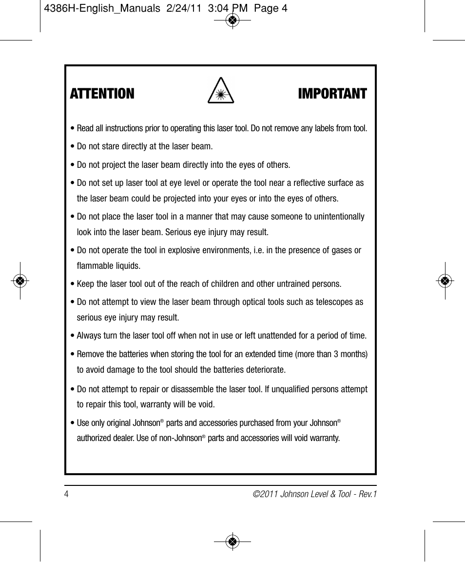 Attention important | Johnson Level & Tool Mfg. 40-6662 User Manual | Page 4 / 20