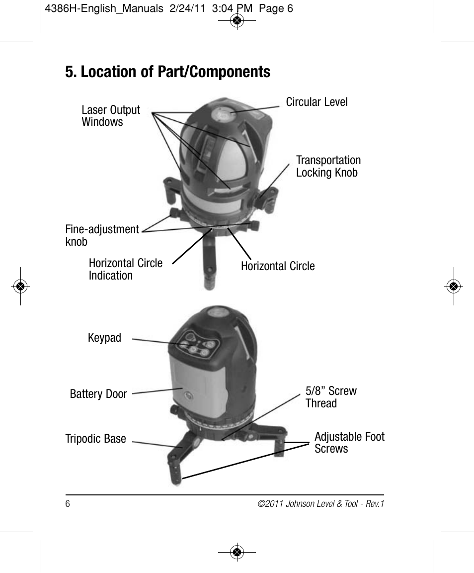 Location of part/components | Johnson Level & Tool Mfg. 40-6662 User Manual | Page 6 / 20