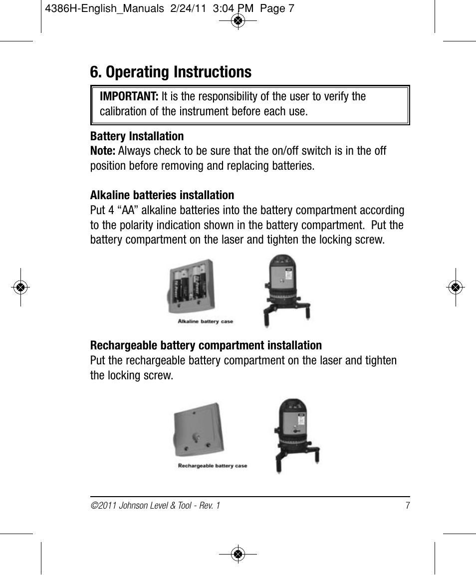Operating instructions | Johnson Level & Tool Mfg. 40-6662 User Manual | Page 7 / 20
