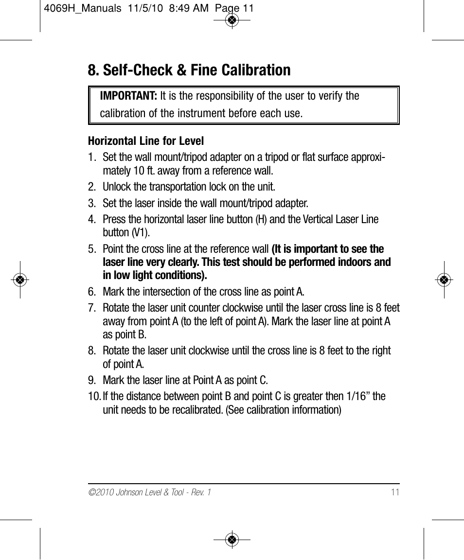 Self-check & fine calibration | Johnson Level & Tool Mfg. 40-6602 User Manual | Page 11 / 18