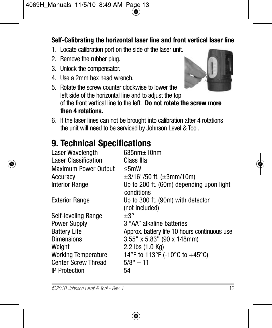 Technical specifications | Johnson Level & Tool Mfg. 40-6602 User Manual | Page 13 / 18