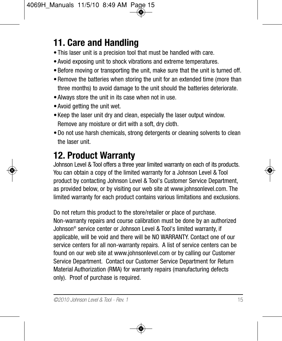 Care and handling, Product warranty | Johnson Level & Tool Mfg. 40-6602 User Manual | Page 15 / 18