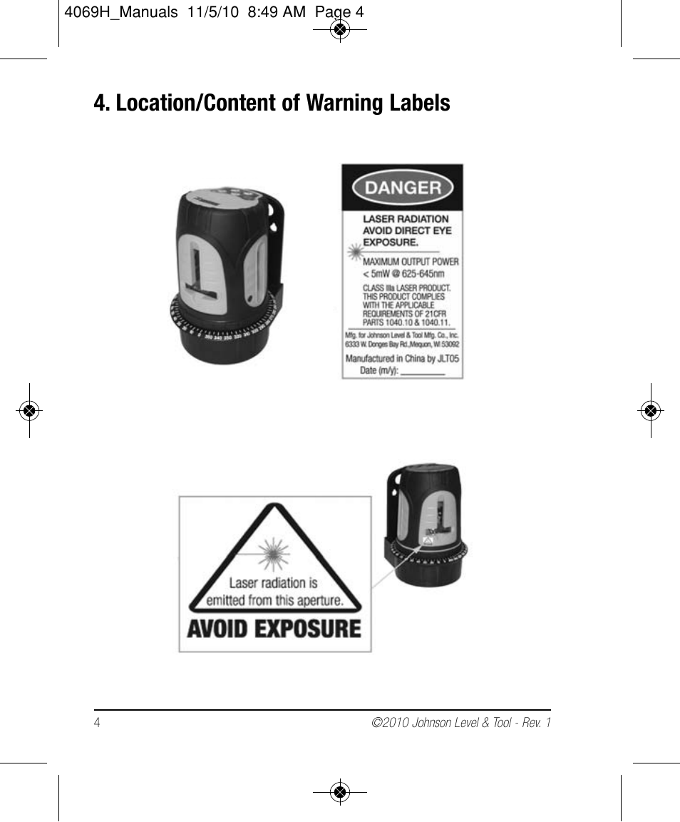 Location/content of warning labels | Johnson Level & Tool Mfg. 40-6602 User Manual | Page 4 / 18
