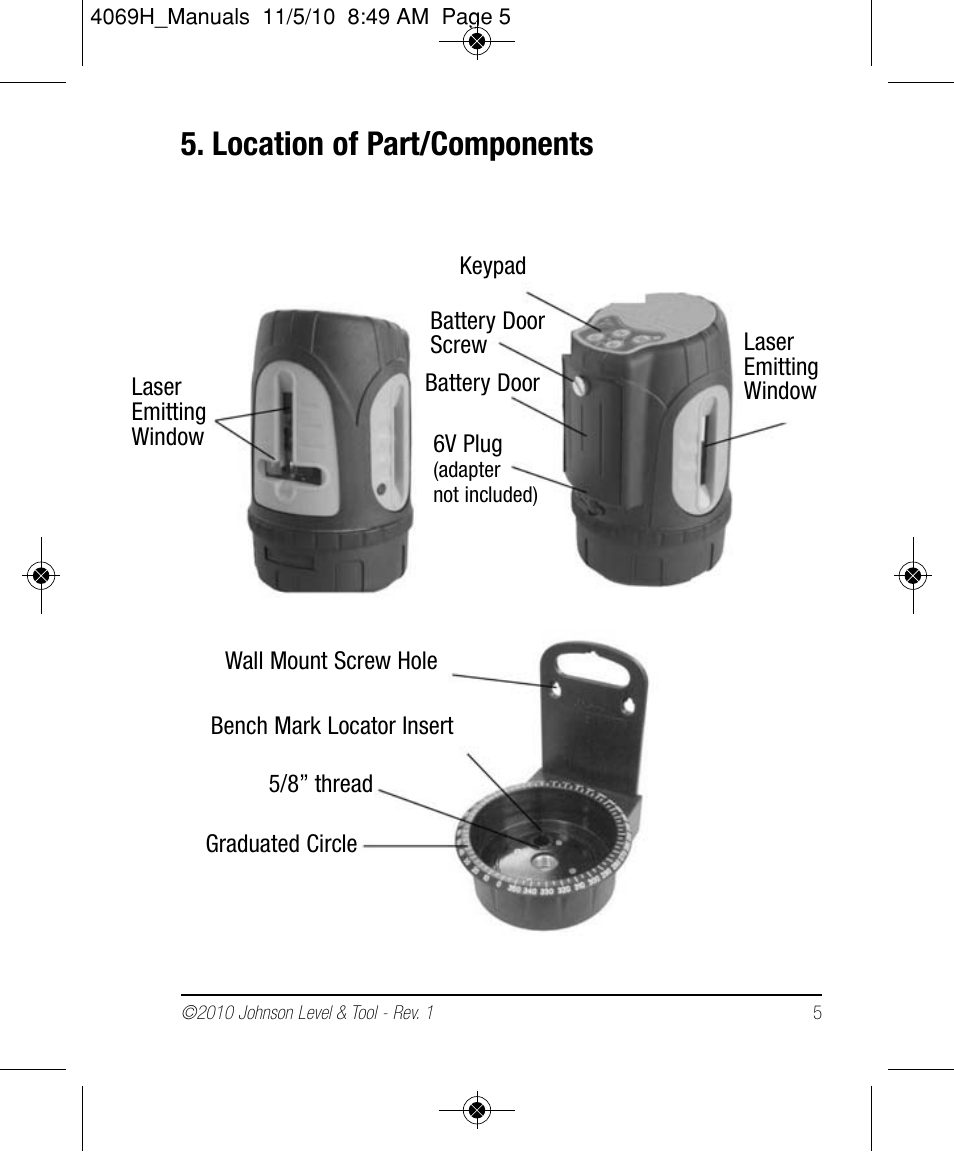 Location of part/components | Johnson Level & Tool Mfg. 40-6602 User Manual | Page 5 / 18