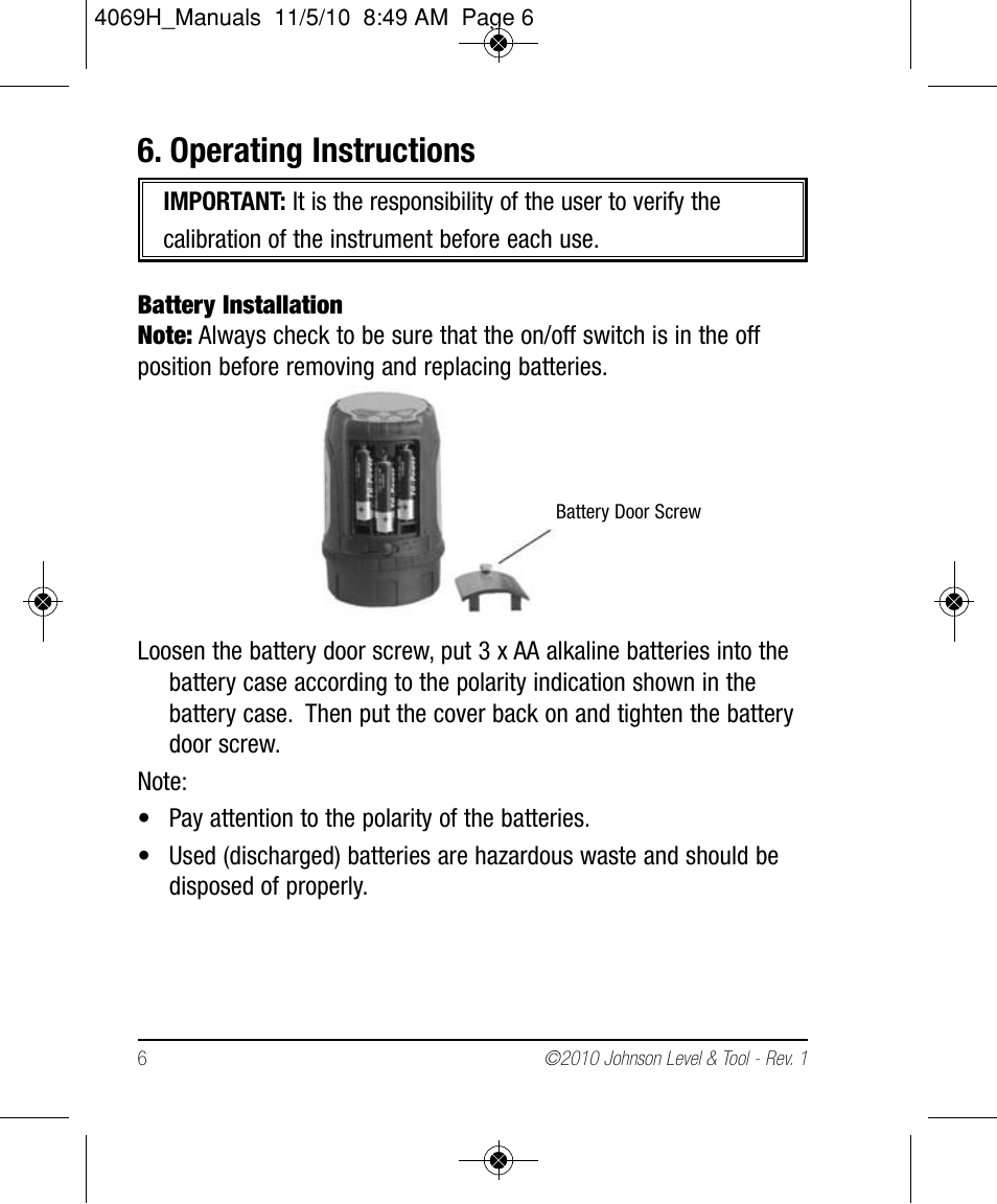 Operating instructions | Johnson Level & Tool Mfg. 40-6602 User Manual | Page 6 / 18