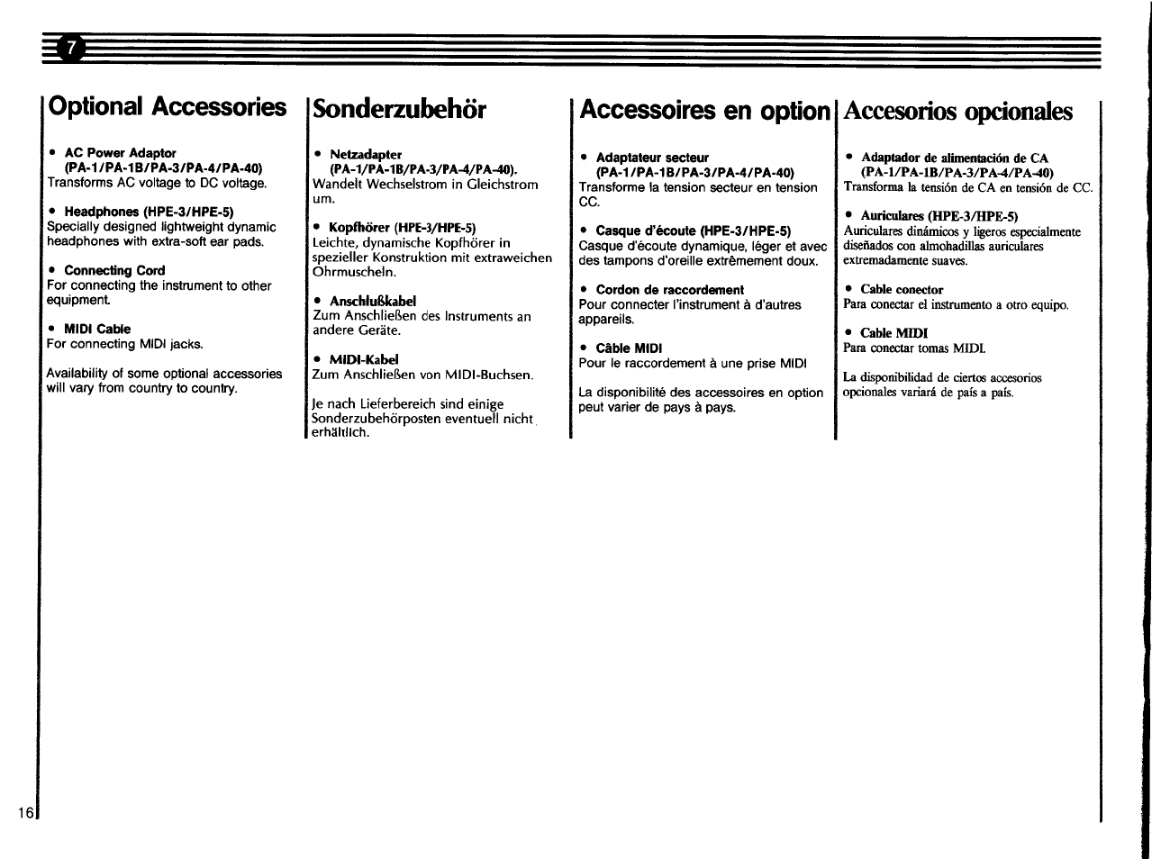 Accesorios opcionales, Optional accessories, Sonderzubehör accessoires en option | Yamaha DD-5 User Manual | Page 18 / 24