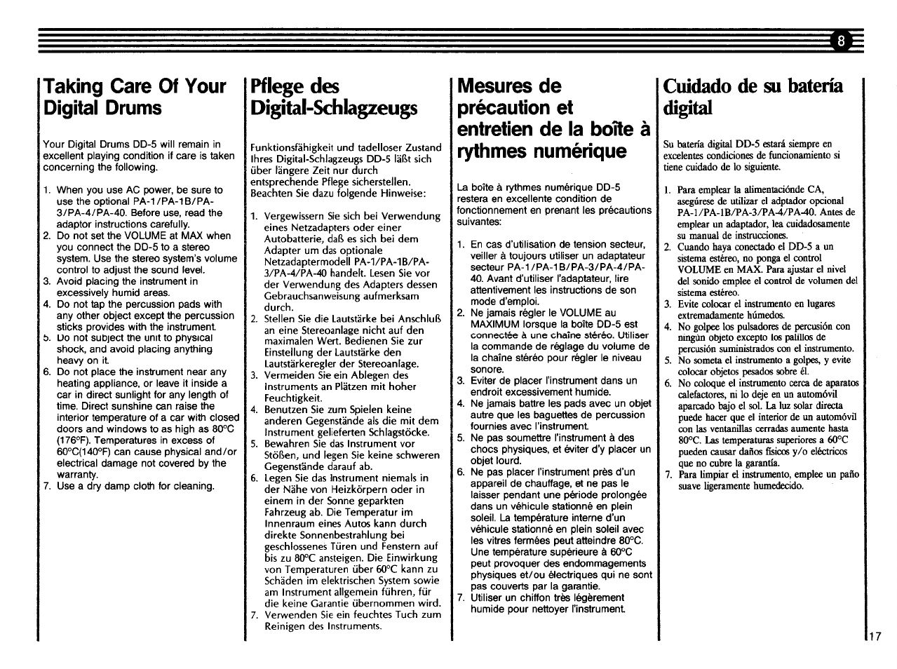 Cuidado de su batería digital, Taking care of your digital drums, Pflege des digítal-schiagzeugs | Yamaha DD-5 User Manual | Page 19 / 24