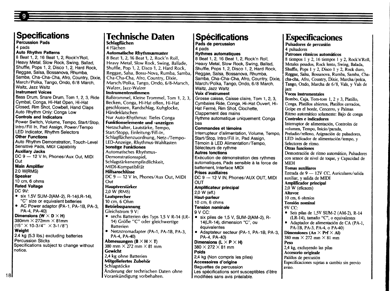 Specifications, Spécifications, Especificaciones | Technische daten | Yamaha DD-5 User Manual | Page 20 / 24