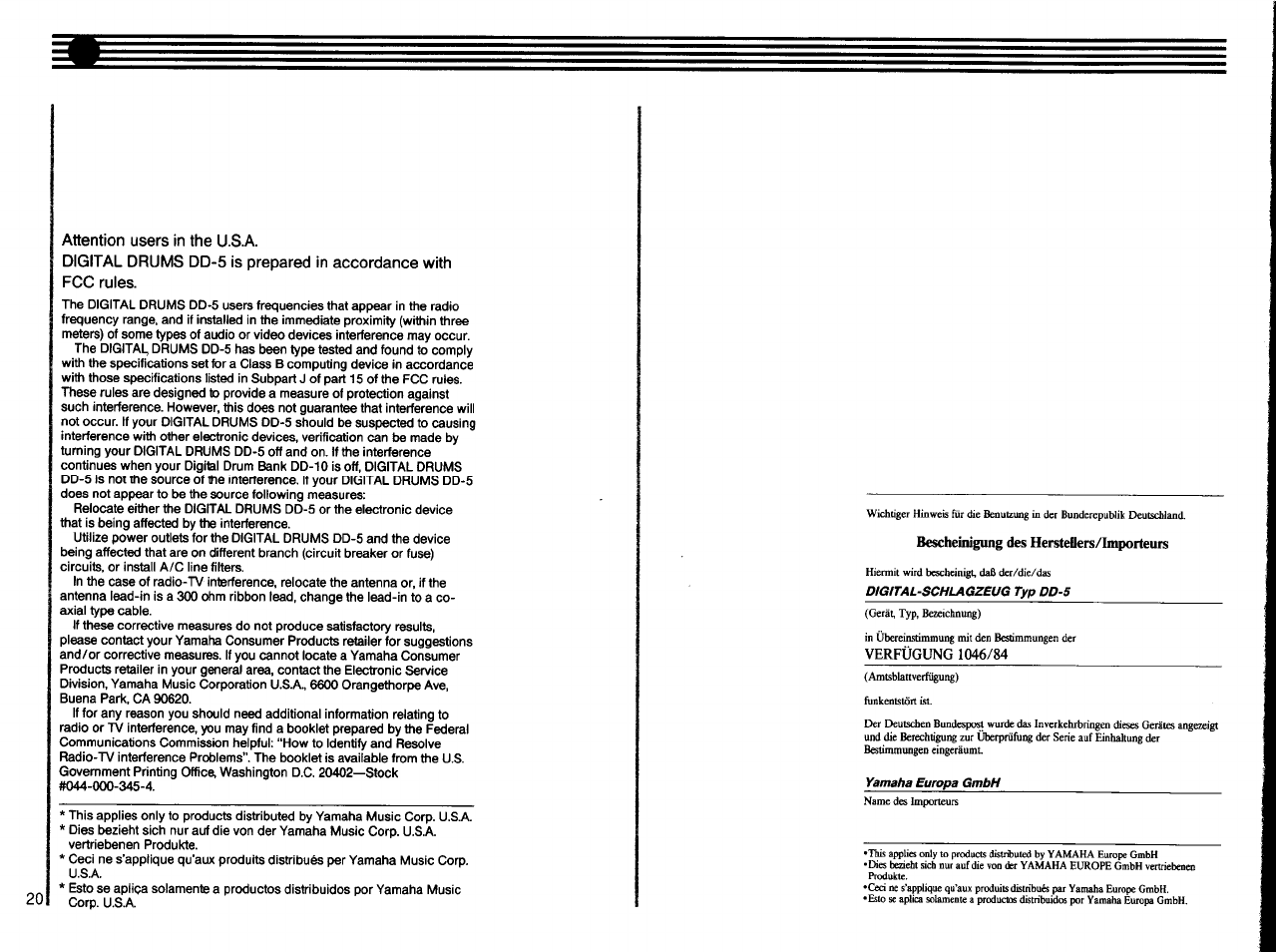 Attention users in the u.sa | Yamaha DD-5 User Manual | Page 22 / 24