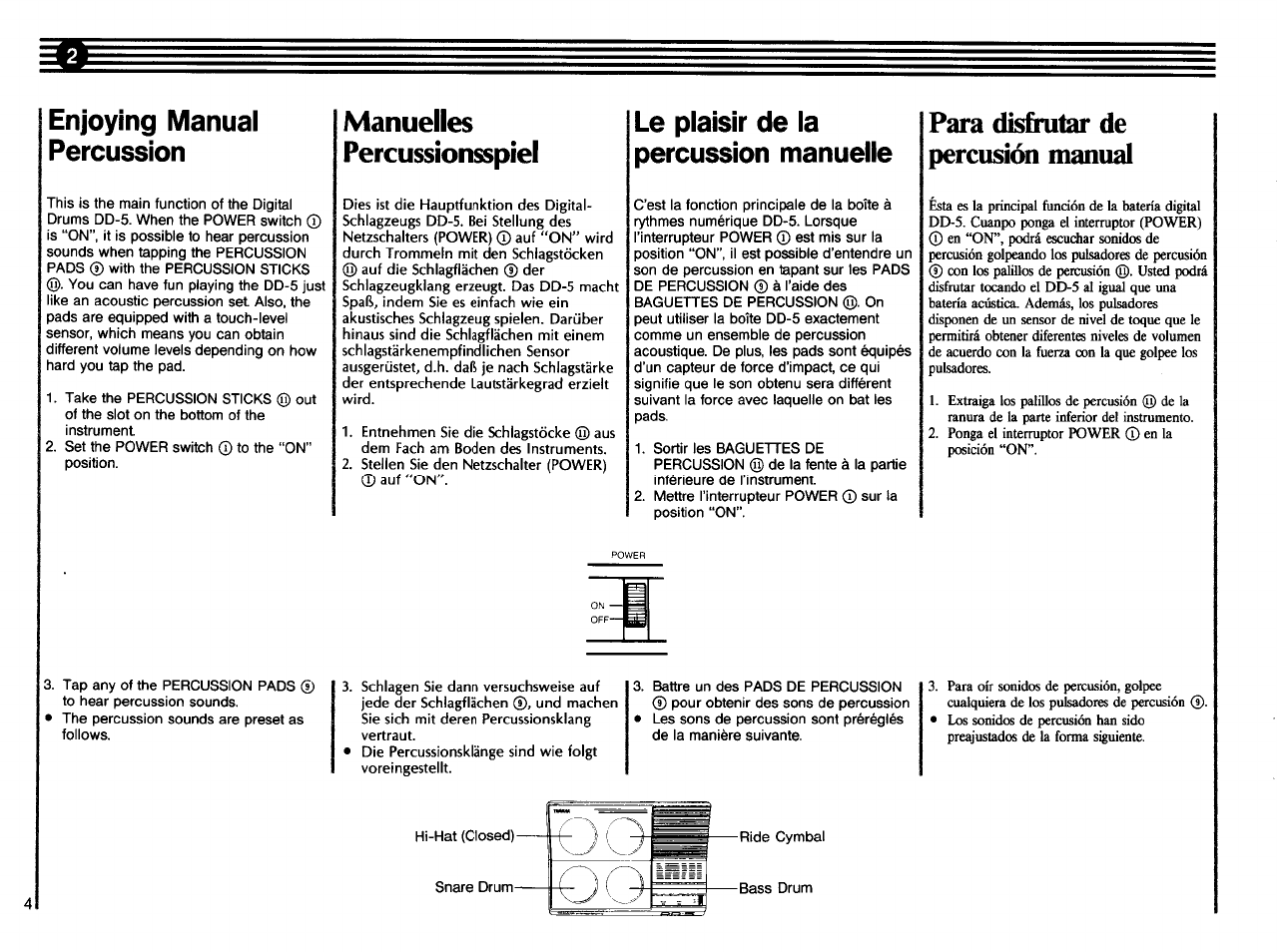 Enjoying manual percussion, Le plaisir de la percussion manuelle, Para disfrutar de percusión manual | Manuelles percussionsspiel | Yamaha DD-5 User Manual | Page 6 / 24