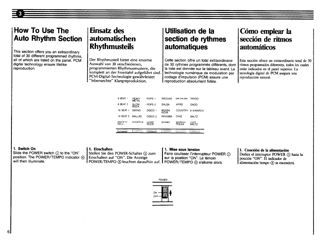 How to use the auto rhythm section, Utilisation de la section de rythmes automatiques, Cómo emplear la sección de ritmos automáticos | Einsatz des automatischen rhythmusteils | Yamaha DD-5 User Manual | Page 8 / 24