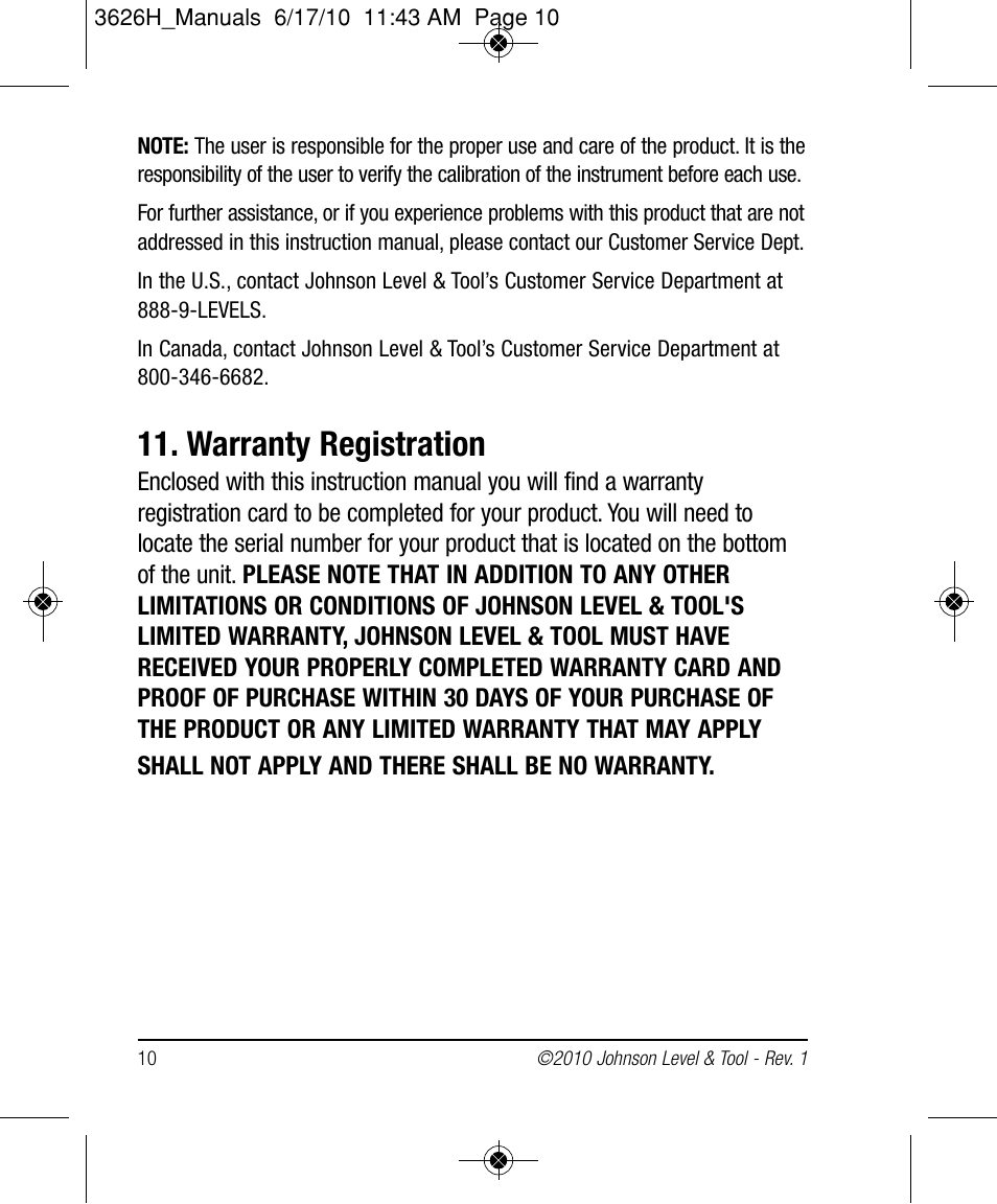 Warranty registration | Johnson Level & Tool Mfg. 40-6616 User Manual | Page 10 / 12