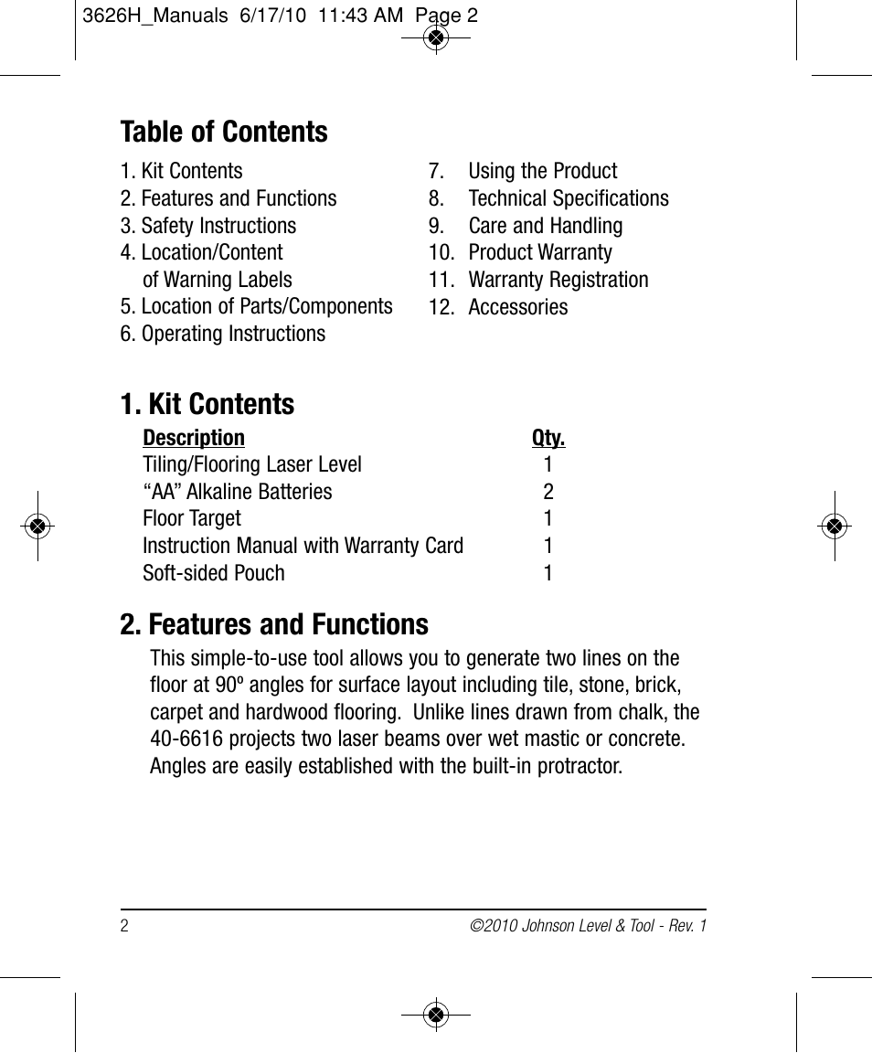 Johnson Level & Tool Mfg. 40-6616 User Manual | Page 2 / 12