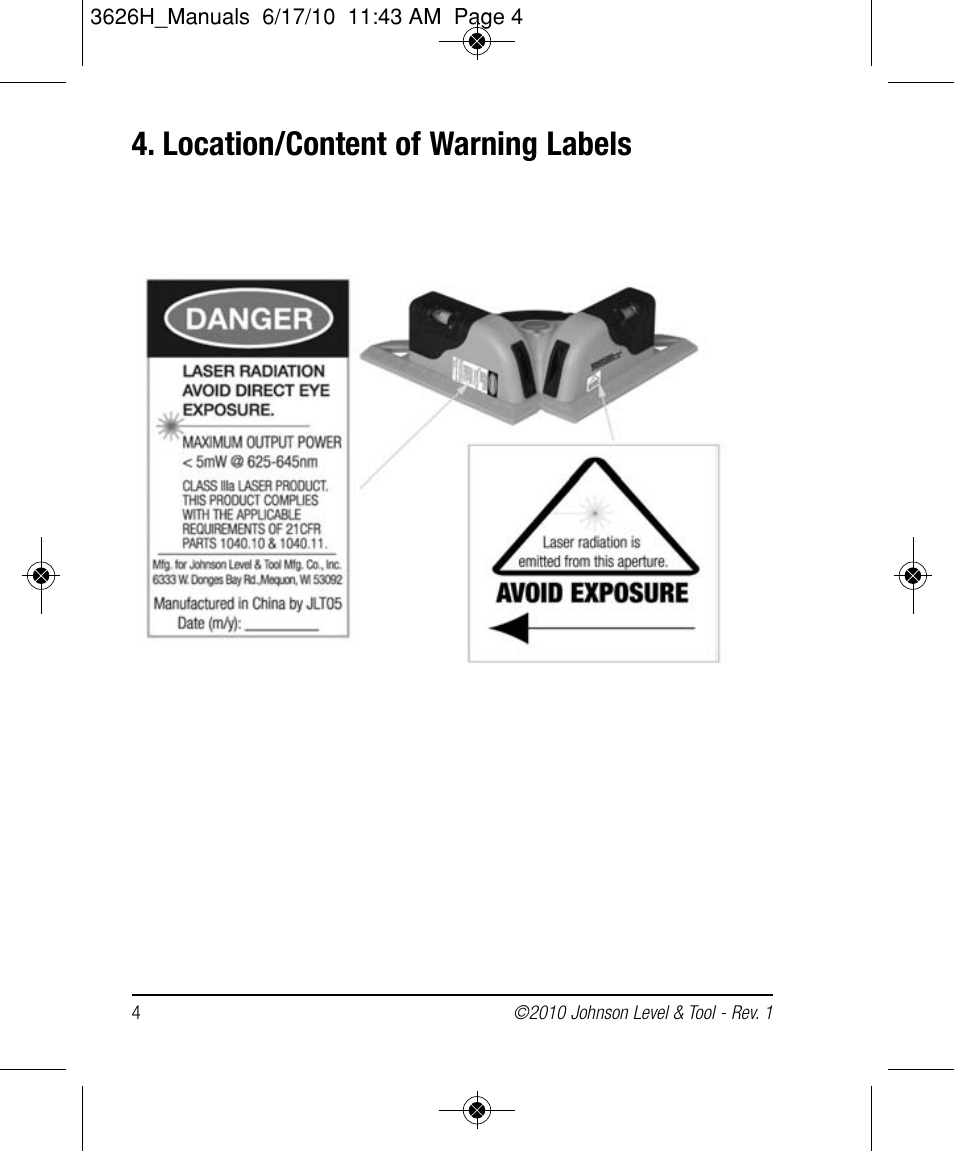 Location/content of warning labels | Johnson Level & Tool Mfg. 40-6616 User Manual | Page 4 / 12