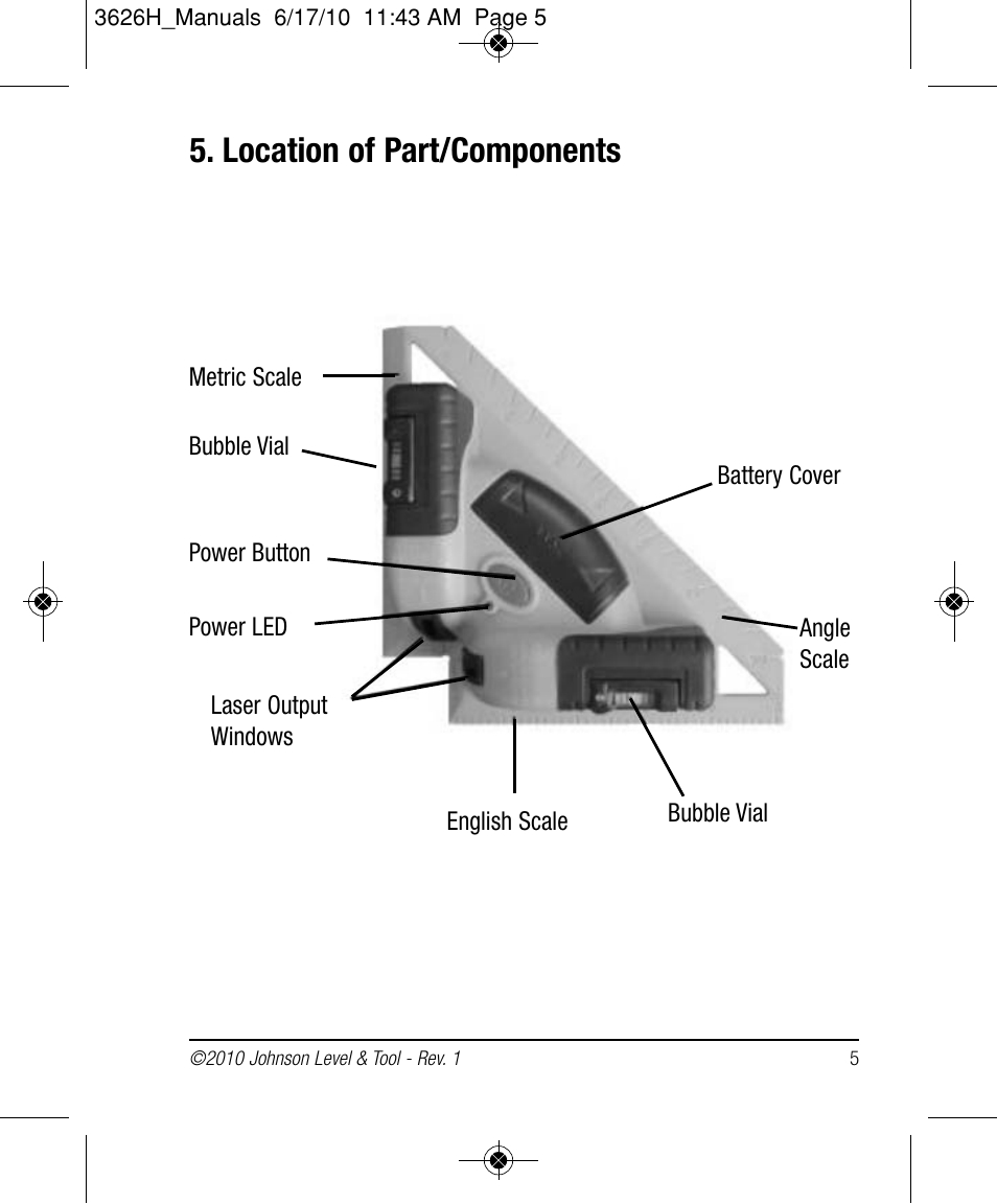 Location of part/components | Johnson Level & Tool Mfg. 40-6616 User Manual | Page 5 / 12