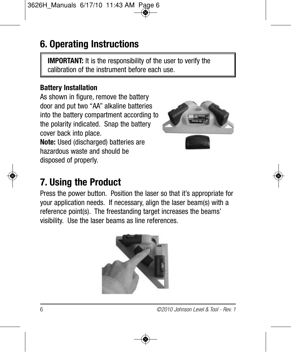 Operating instructions, Using the product | Johnson Level & Tool Mfg. 40-6616 User Manual | Page 6 / 12