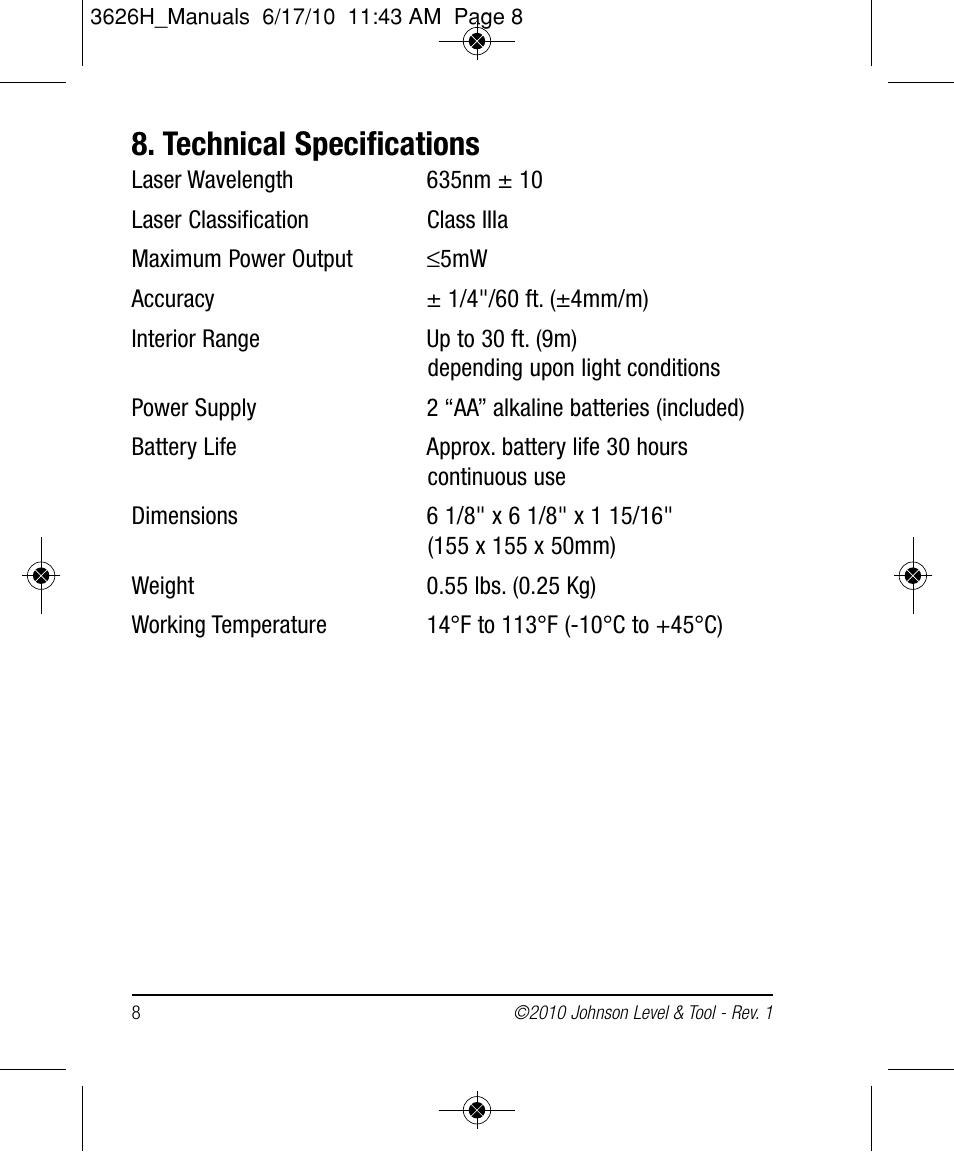 Technical specifications | Johnson Level & Tool Mfg. 40-6616 User Manual | Page 8 / 12
