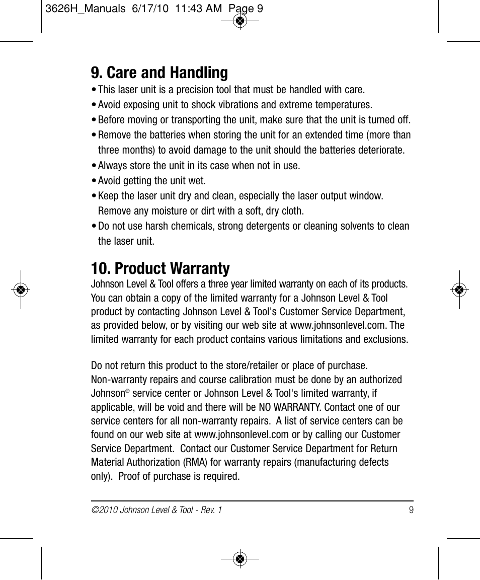 Care and handling, Product warranty | Johnson Level & Tool Mfg. 40-6616 User Manual | Page 9 / 12