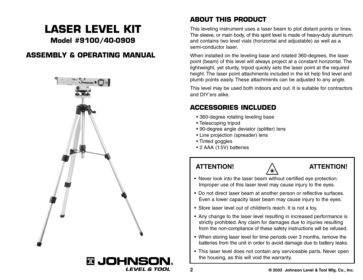 Johnson Level & Tool Mfg. 40-0909 User Manual | 3 pages