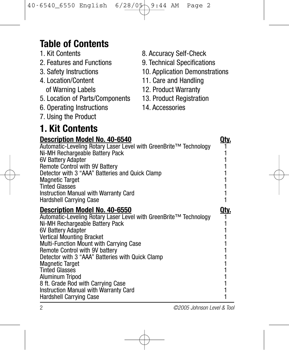Johnson Level & Tool Mfg. 40-6550 User Manual | Page 2 / 24