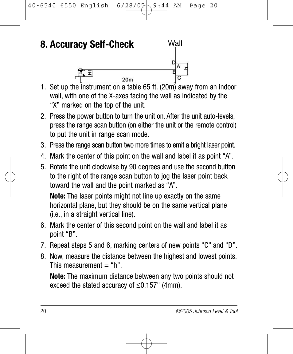 Accuracy self-check | Johnson Level & Tool Mfg. 40-6550 User Manual | Page 20 / 24