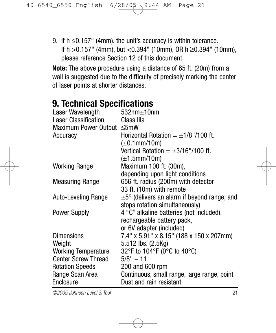 Technical specifications | Johnson Level & Tool Mfg. 40-6550 User Manual | Page 21 / 24