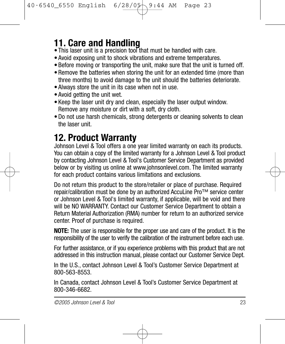 Care and handling, Product warranty | Johnson Level & Tool Mfg. 40-6550 User Manual | Page 23 / 24