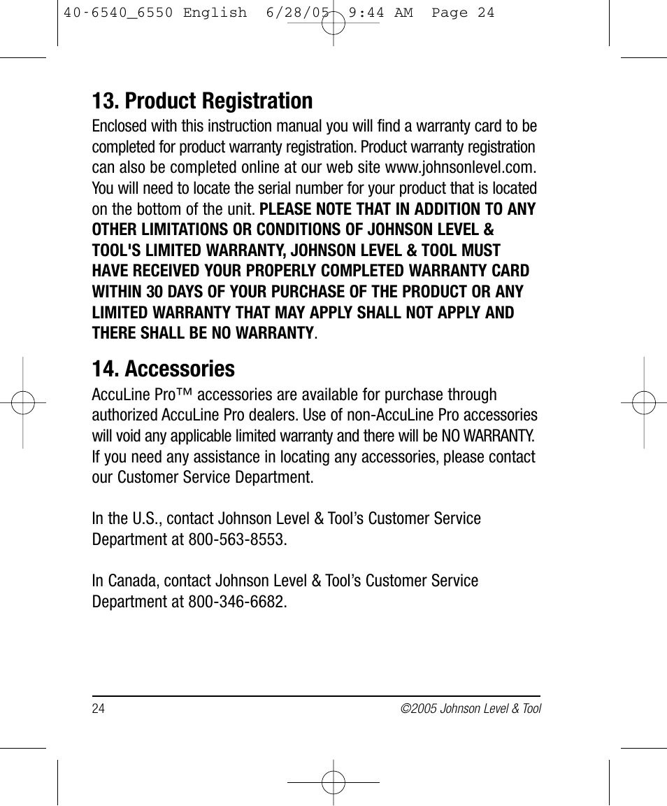 Product registration, Accessories | Johnson Level & Tool Mfg. 40-6550 User Manual | Page 24 / 24