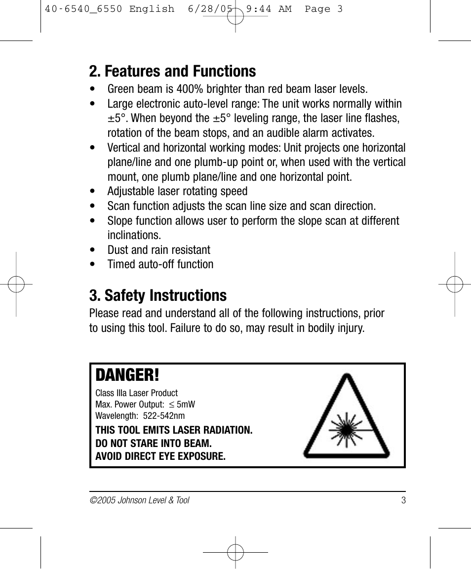 Danger, Features and functions, Safety instructions | Johnson Level & Tool Mfg. 40-6550 User Manual | Page 3 / 24