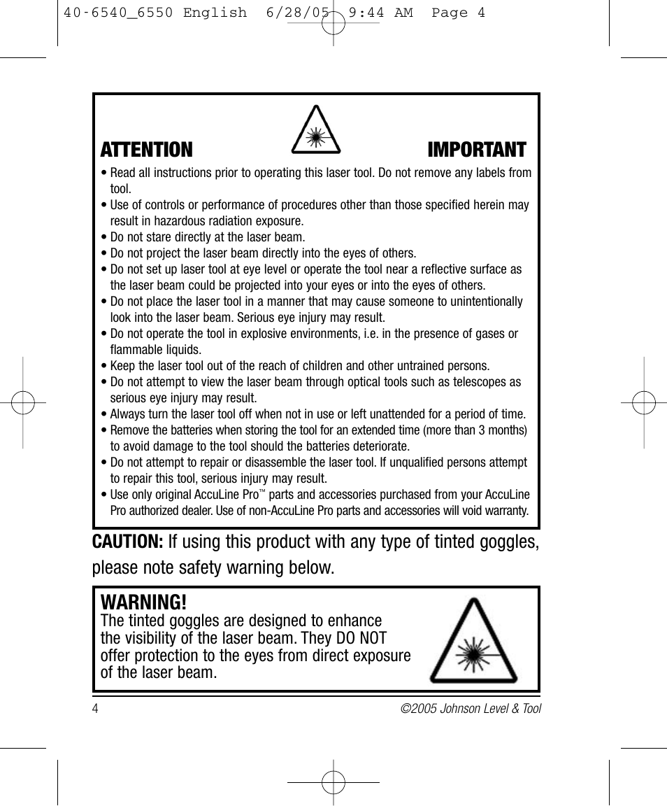 Warning, Attention important | Johnson Level & Tool Mfg. 40-6550 User Manual | Page 4 / 24