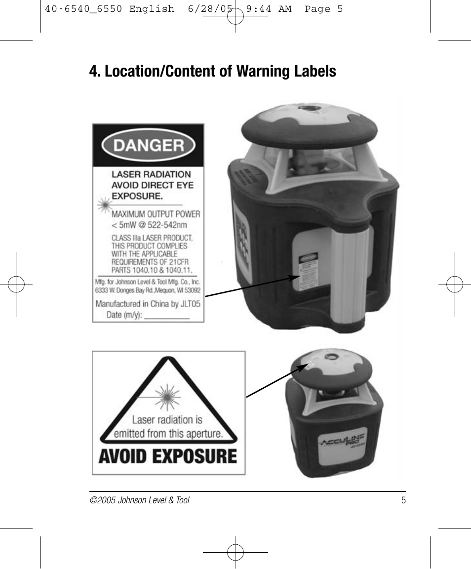 Location/content of warning labels | Johnson Level & Tool Mfg. 40-6550 User Manual | Page 5 / 24