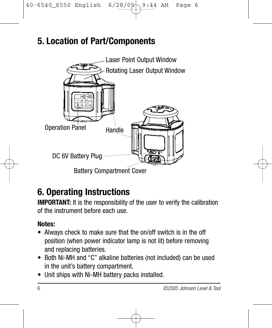 Operating instructions, Location of part/components | Johnson Level & Tool Mfg. 40-6550 User Manual | Page 6 / 24