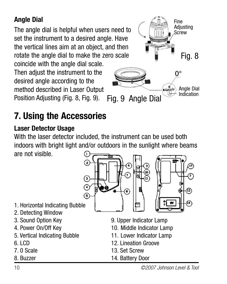Using the accessories, Fig. 8, Fig. 9 angle dial | Johnson Level & Tool Mfg. 40-6660 User Manual | Page 10 / 21