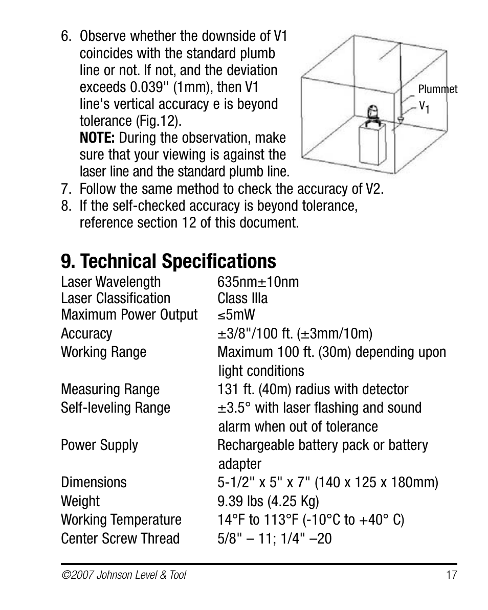 Technical specifications | Johnson Level & Tool Mfg. 40-6660 User Manual | Page 17 / 21