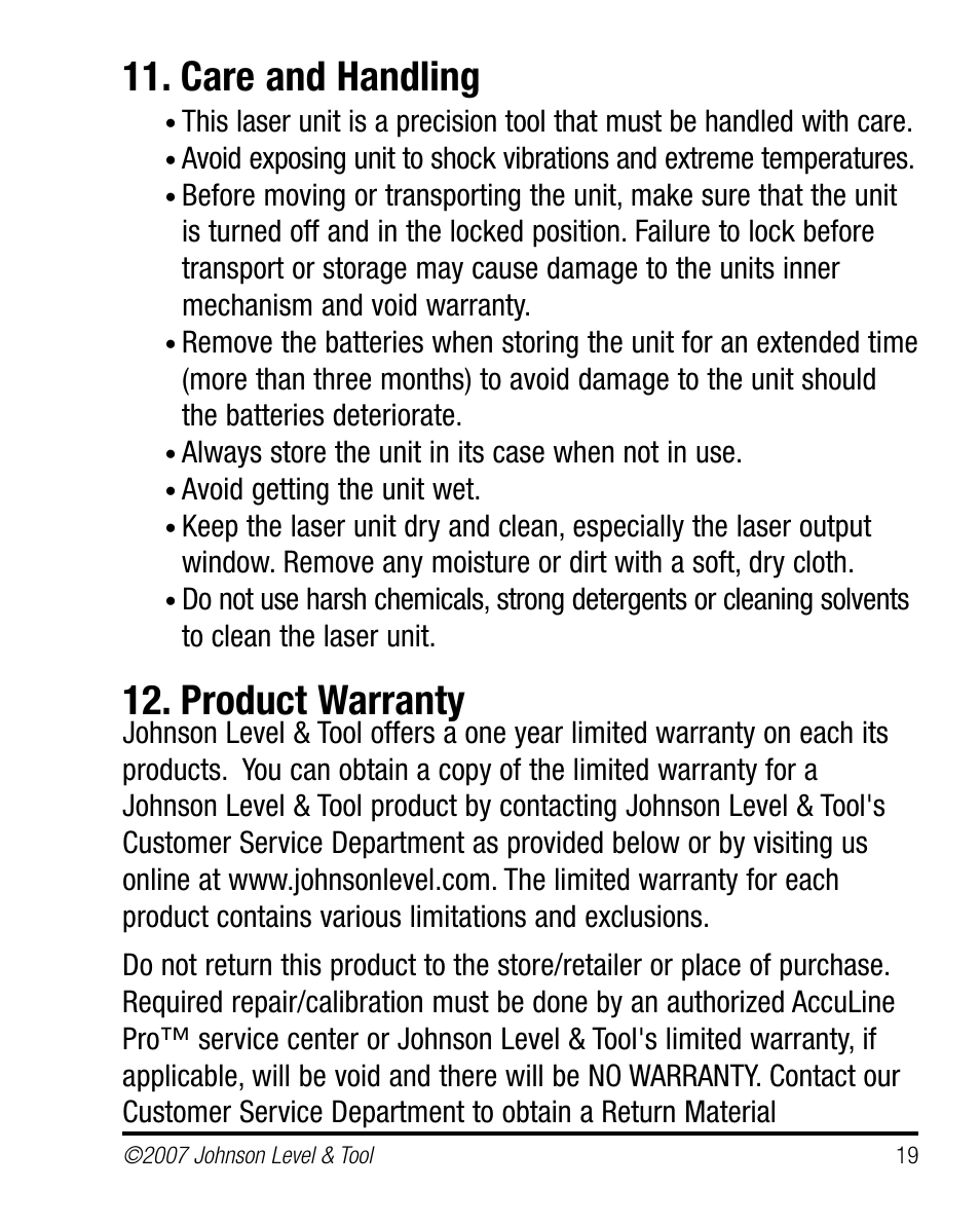 Care and handling, Product warranty | Johnson Level & Tool Mfg. 40-6660 User Manual | Page 19 / 21