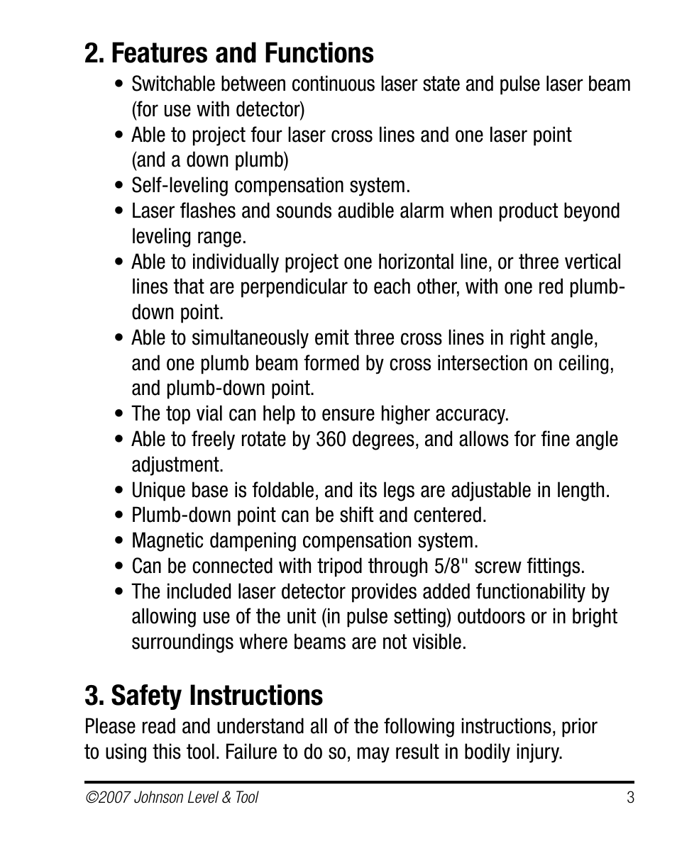 Features and functions, Safety instructions | Johnson Level & Tool Mfg. 40-6660 User Manual | Page 3 / 21