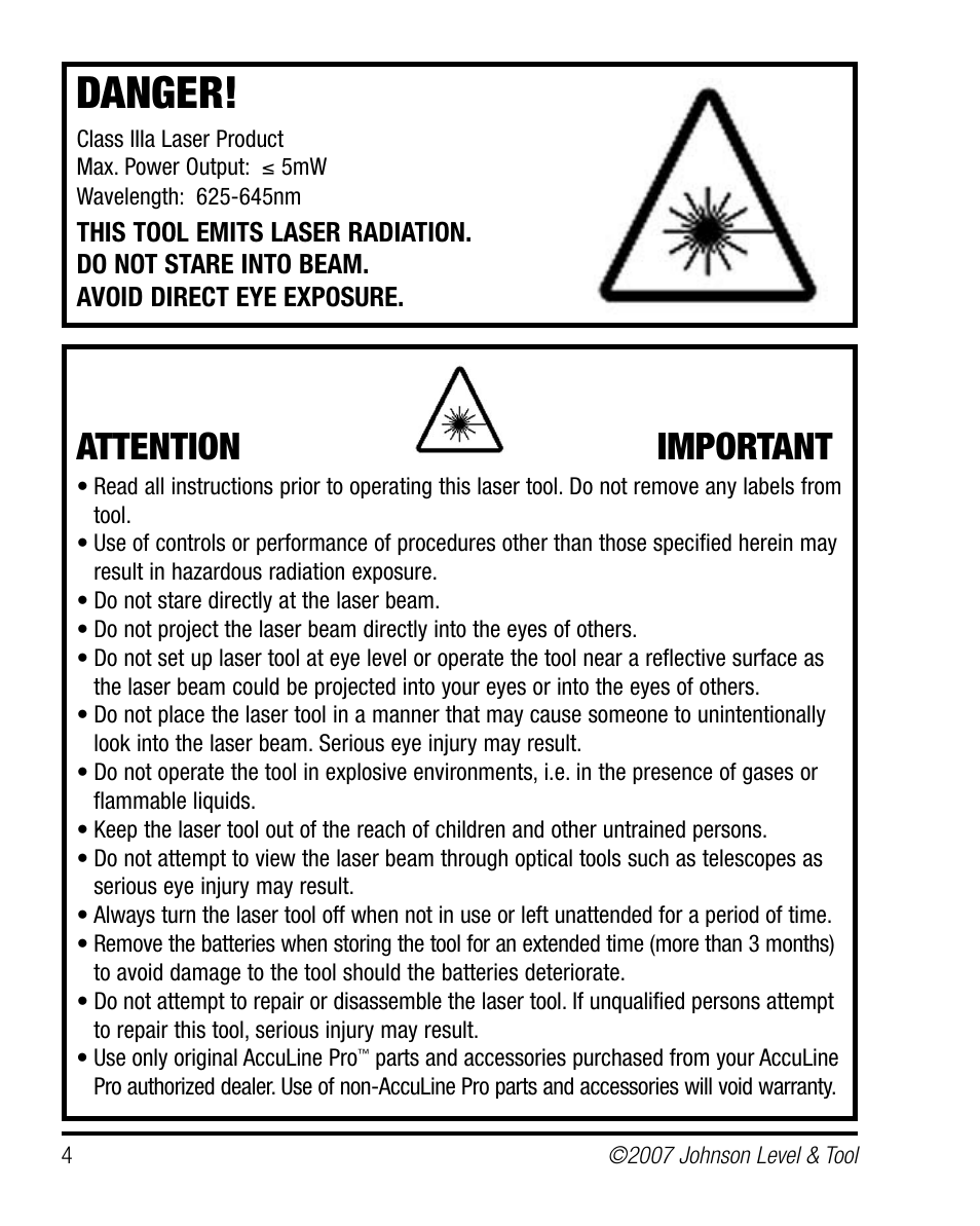 Danger, Attention important | Johnson Level & Tool Mfg. 40-6660 User Manual | Page 4 / 21