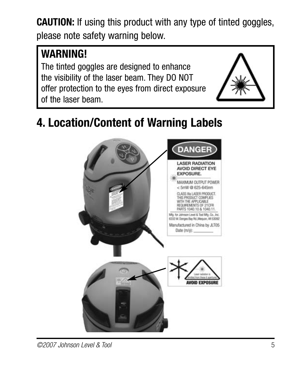 Location/content of warning labels, Warning | Johnson Level & Tool Mfg. 40-6660 User Manual | Page 5 / 21