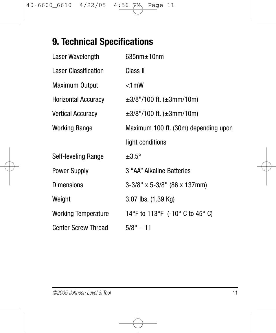 Technical specifications | Johnson Level & Tool Mfg. 40-6610 User Manual | Page 11 / 15