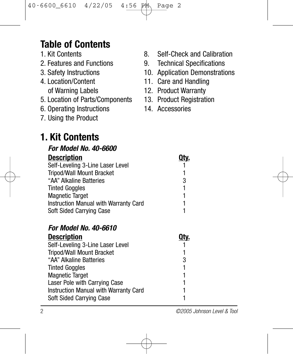 Johnson Level & Tool Mfg. 40-6610 User Manual | Page 2 / 15