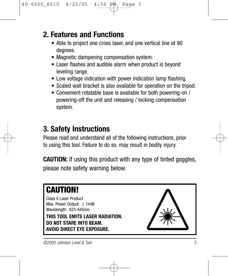 Caution, Features and functions, Safety instructions | Johnson Level & Tool Mfg. 40-6610 User Manual | Page 3 / 15