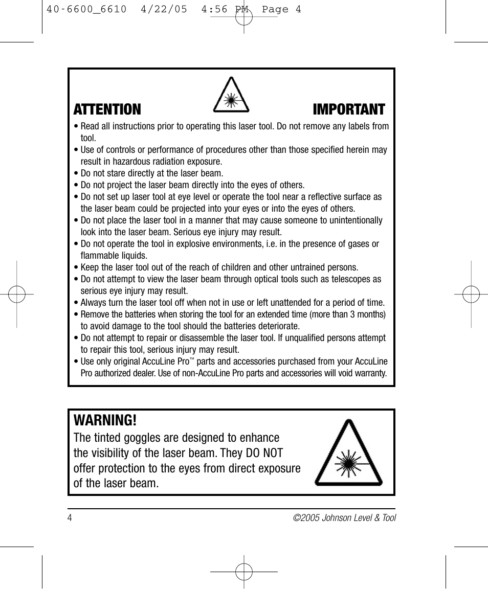 Warning, Attention important | Johnson Level & Tool Mfg. 40-6610 User Manual | Page 4 / 15
