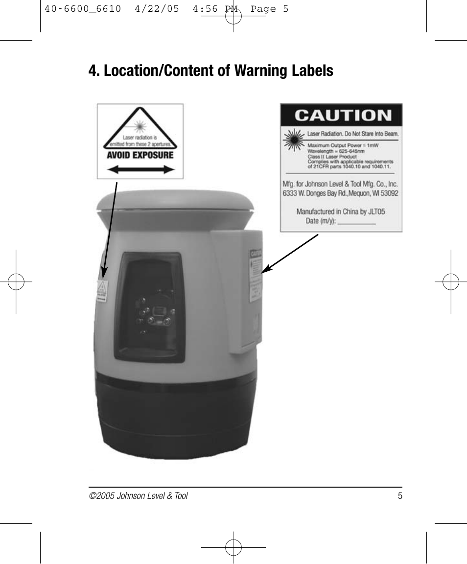 Location/content of warning labels | Johnson Level & Tool Mfg. 40-6610 User Manual | Page 5 / 15