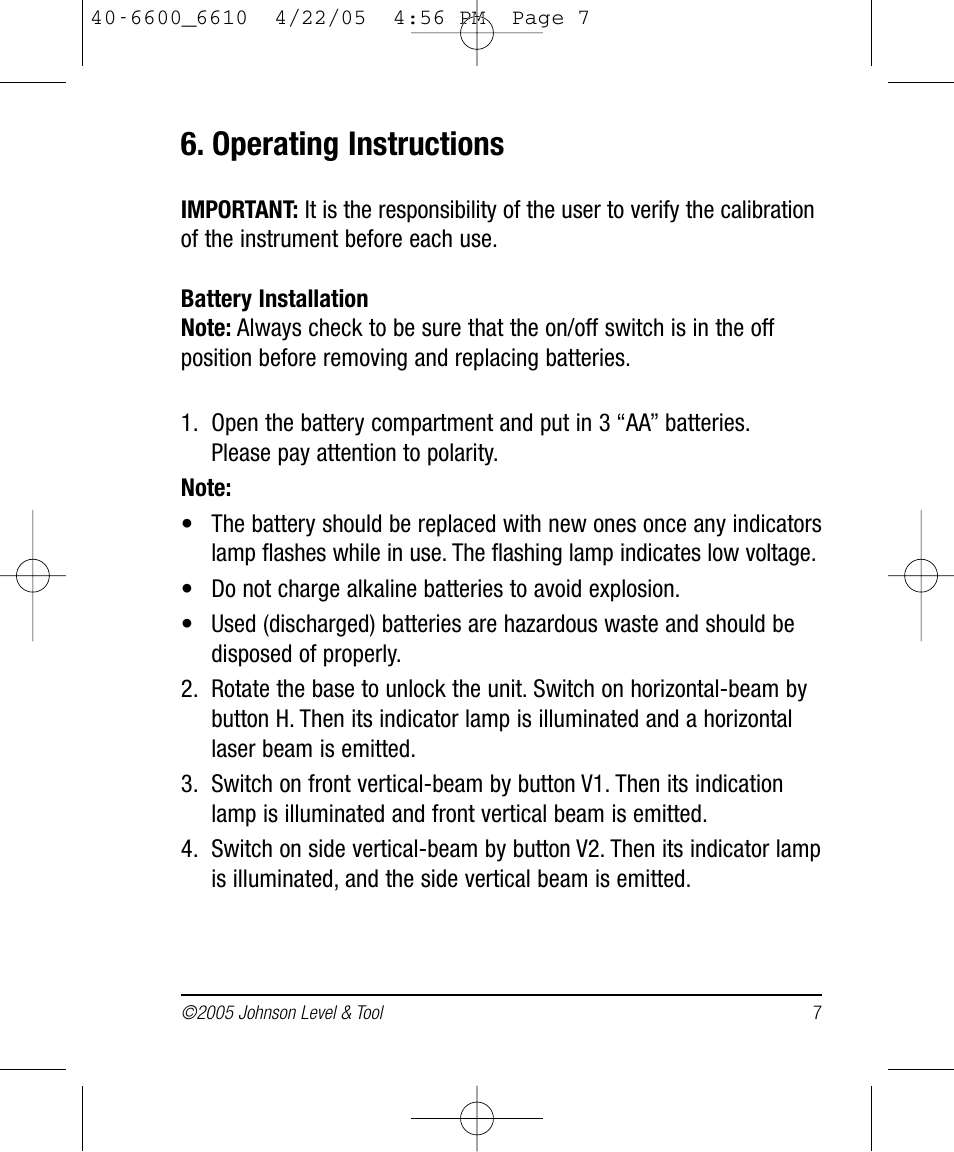 Operating instructions | Johnson Level & Tool Mfg. 40-6610 User Manual | Page 7 / 15